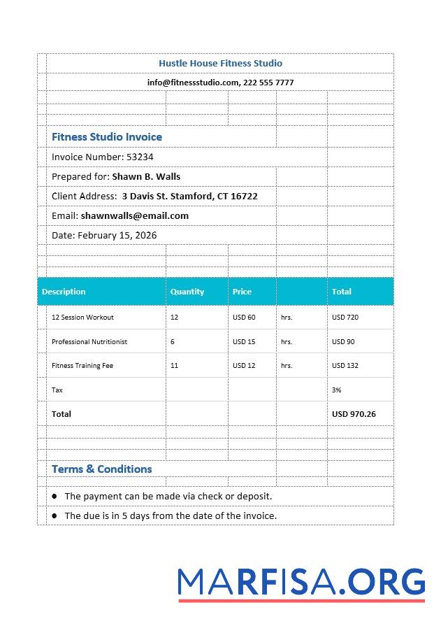 Downloadable Fitness Studio Invoice Template